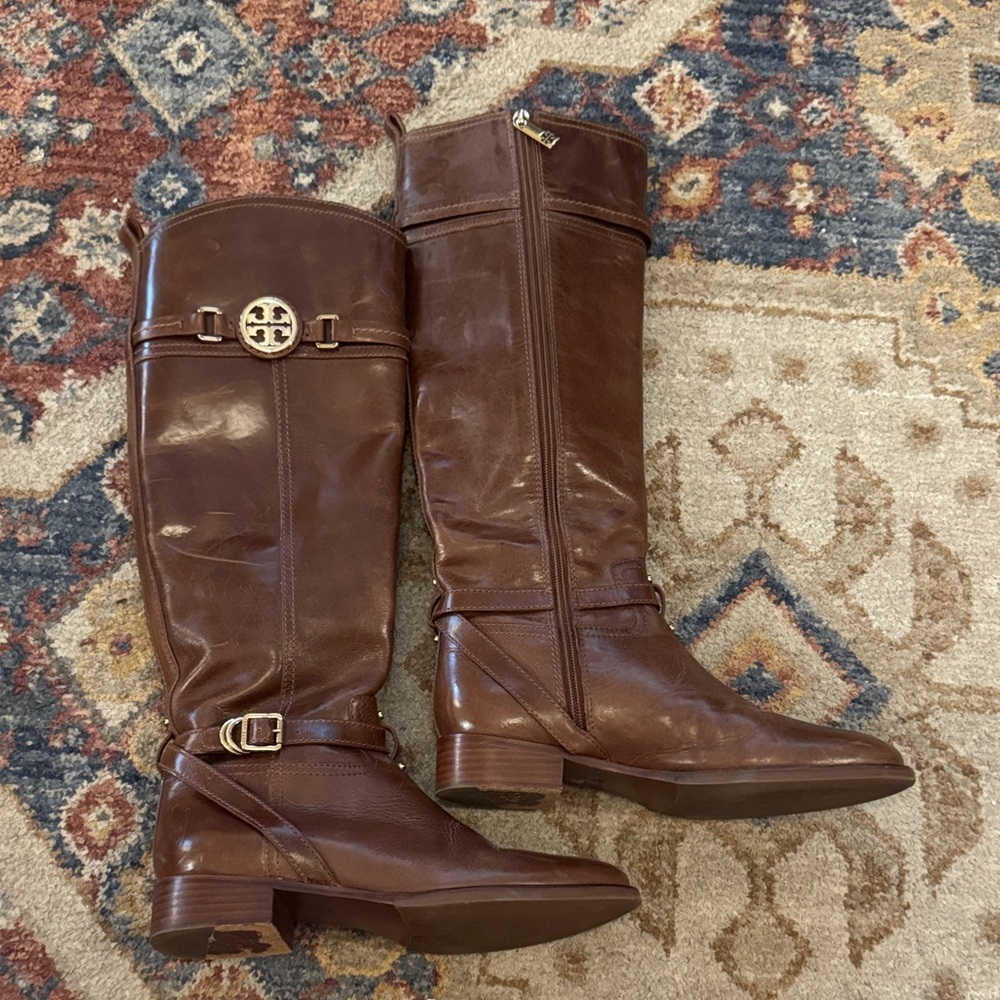 Tory Burch Chocolate Brown Leather Knee-High Riding Boots with Gold Logo